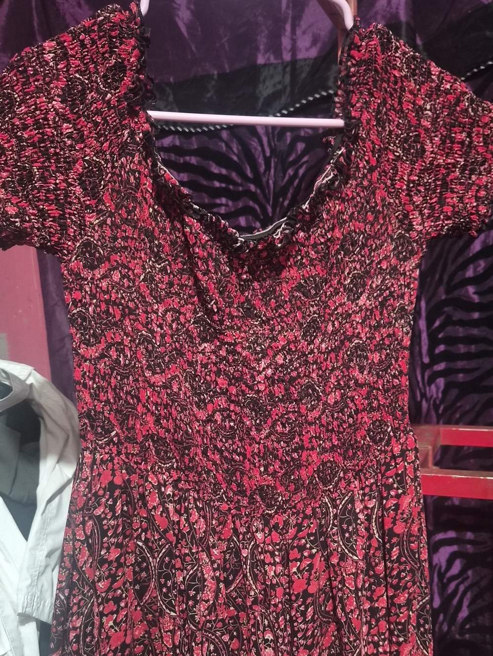 Pink and Black Floral Maxi Dress, Smocked Bodice